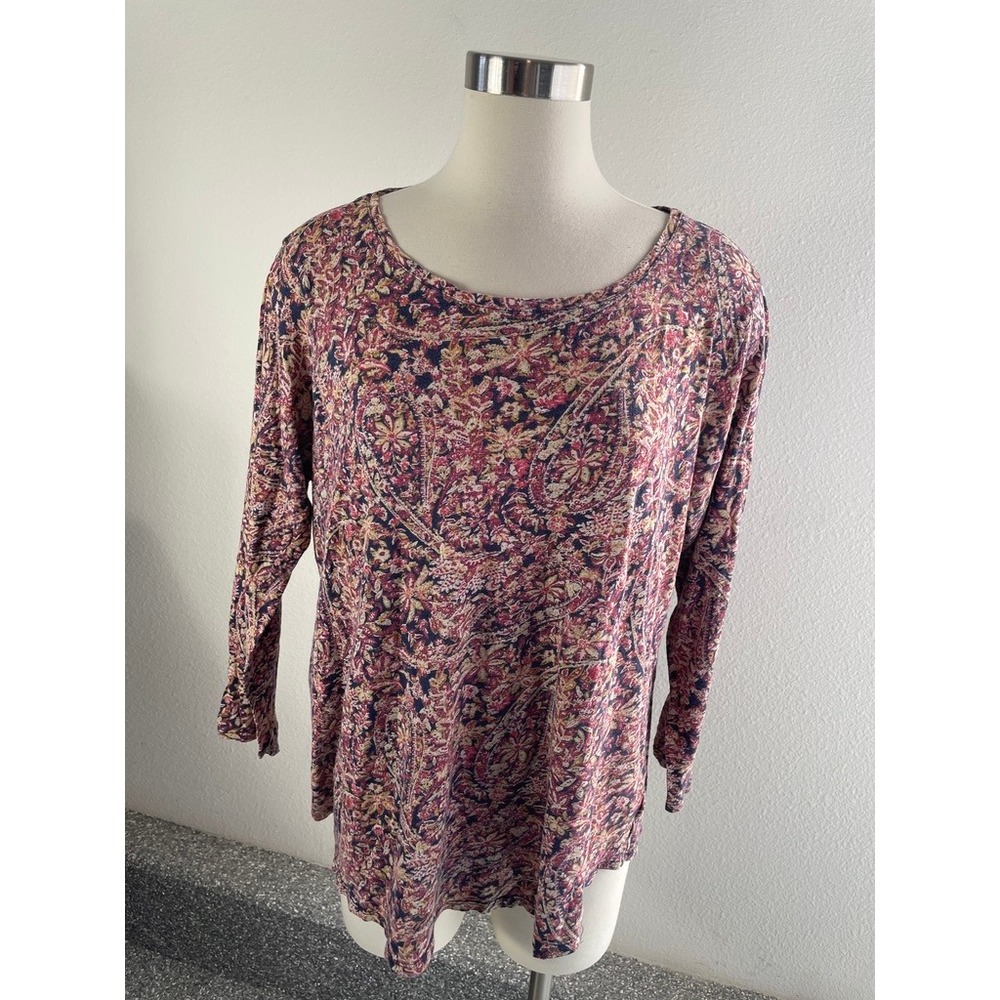 Lucky Brand Women 1X Paisley Floral‎ Knit Top Long Sleeve Burgundy Pink Boho